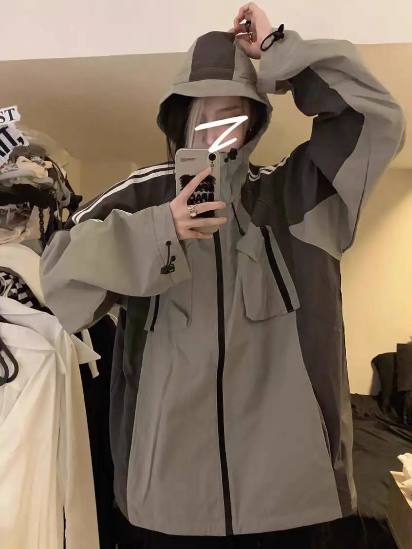 Unisex Spring Autumn Trendy Brand Contrast Color Patchwork Jacket Loose Fashion Techwear Cargo Hooded Windbreaker