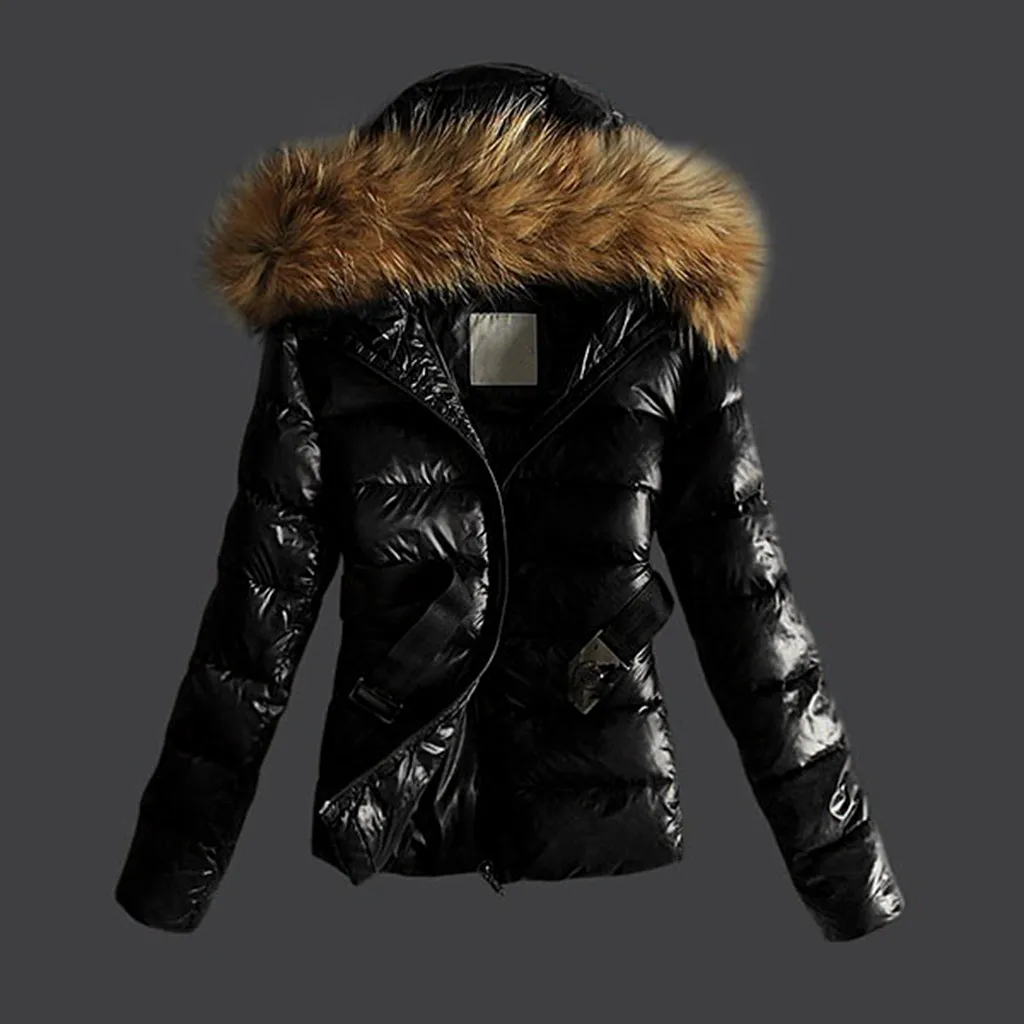 Winter Puffer Jacket Women Fuax Fur Collar Hooded Jacket Coats Short Slim Warm Down Coat Winter Outerwear Tops Padding Parkas