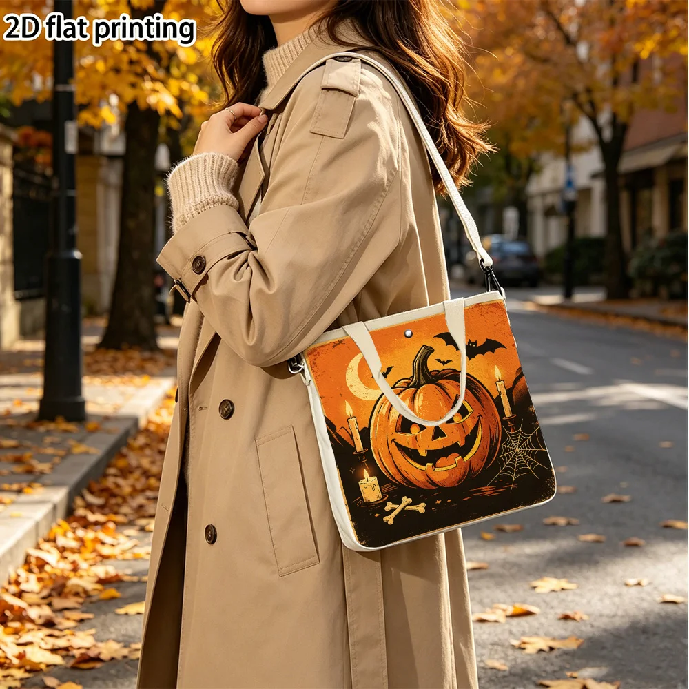 Jackolantern glowing bright Double-Sided Printed Canvas Tote Purse Detachable Crossbody Strap Handbag for Women Travels