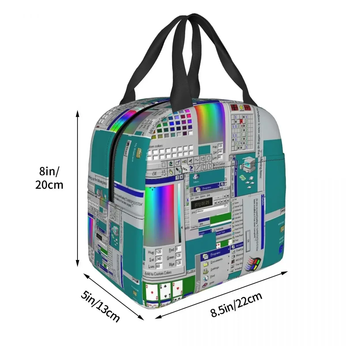 Windows 95 콜라주 점심 도시락 가방, 절연 도시락 상자, 휴대용 점심 토트, 누출 방지 피크닉 가방 쿨러, 여자 아이용 보온 가방