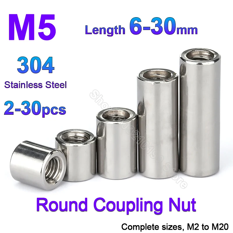 

2-30pcs M5 304 Stainless Steel Extension Round Column Joint Coupling Nut Cylindrical Connector Joint Sleeve Tubular Nut L 6-30mm