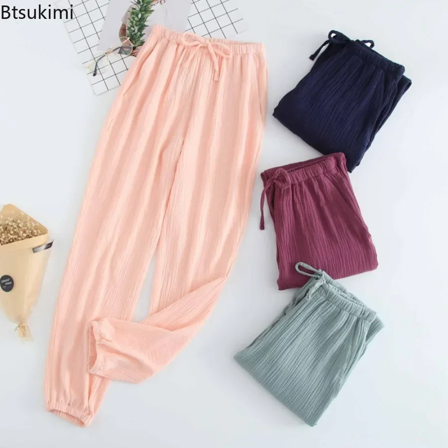 New 2024 Casual 100% Cotton Gauze Crepe Sleep Pants for Couple Lovers Loose Soft Sleep Bottoms Pants Pajama Long Womens Bottoms