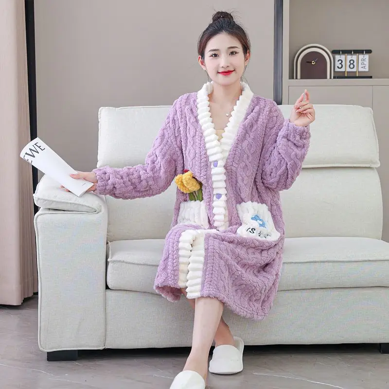 

Princess Coral Velvet Sleepwear Bathrobe Girls Kawaii Bow Lace Edge Pajamas Leisure Wear Bedroom Autumn Winter Family Clothes