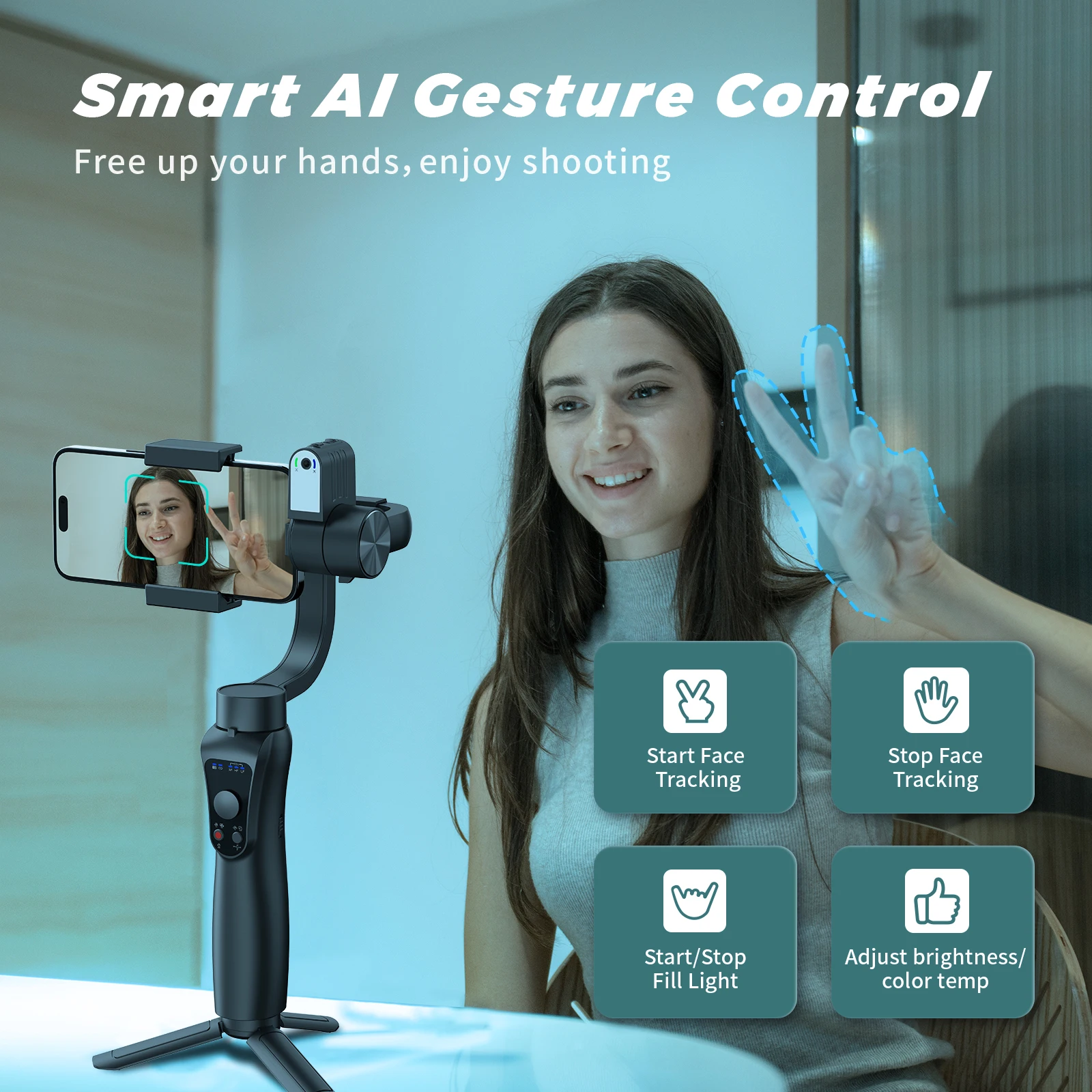 S5 Pro 3-Axis Gimbal with Fill Light & AI Face Tracking, Anti-Shake Stabilizer 360° for iPhone/Android, gimbal for Vlog/TikTok