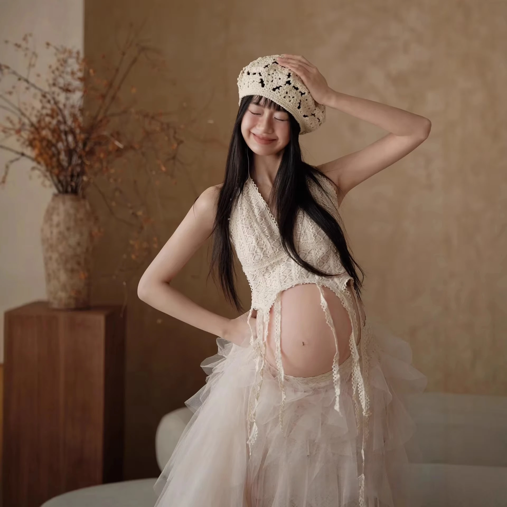 Women Photography Clothing Lace V-neck Top with Skirt 2pcs Maternity Dresses Sleeveless Pregnancy Dress Studio Photoshoot Props - view 3