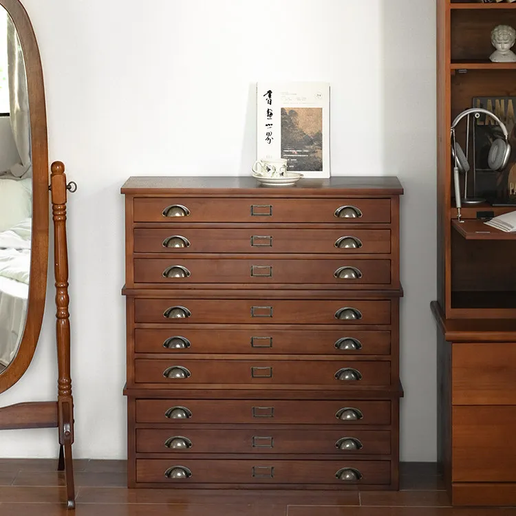 Medieval solid wood multi-layer chest, ultra-thin and narrow small apartment, living room, bedroom, household storage,
