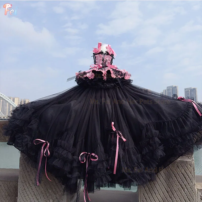 جميل كلب الملابس الفاخرة اليدوية الأسود الوردي زهرة طباعة ذيل طويل فساتين الأميرة للكلاب الصغيرة المتوسطة تشيهواهوا جرو