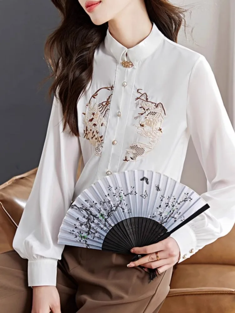 #3201 White Long Sleeve Shirts Women Embroidery Chinese Style Vintage Loose Stand Collar Womens Tops And Blouses Pearl Buttons