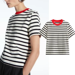 Maxdutti Minimalist Women's Clothing Summer Tshirts Women Vintage Cotton Striped Round Neck T-shirts Tops