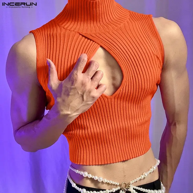 INCERUN Men Tank Tops Solid Turtleneck Sleeveless Hollow Out Male Vests Summer Streetwear 2026 Knitted Fashion Men Crop Tops