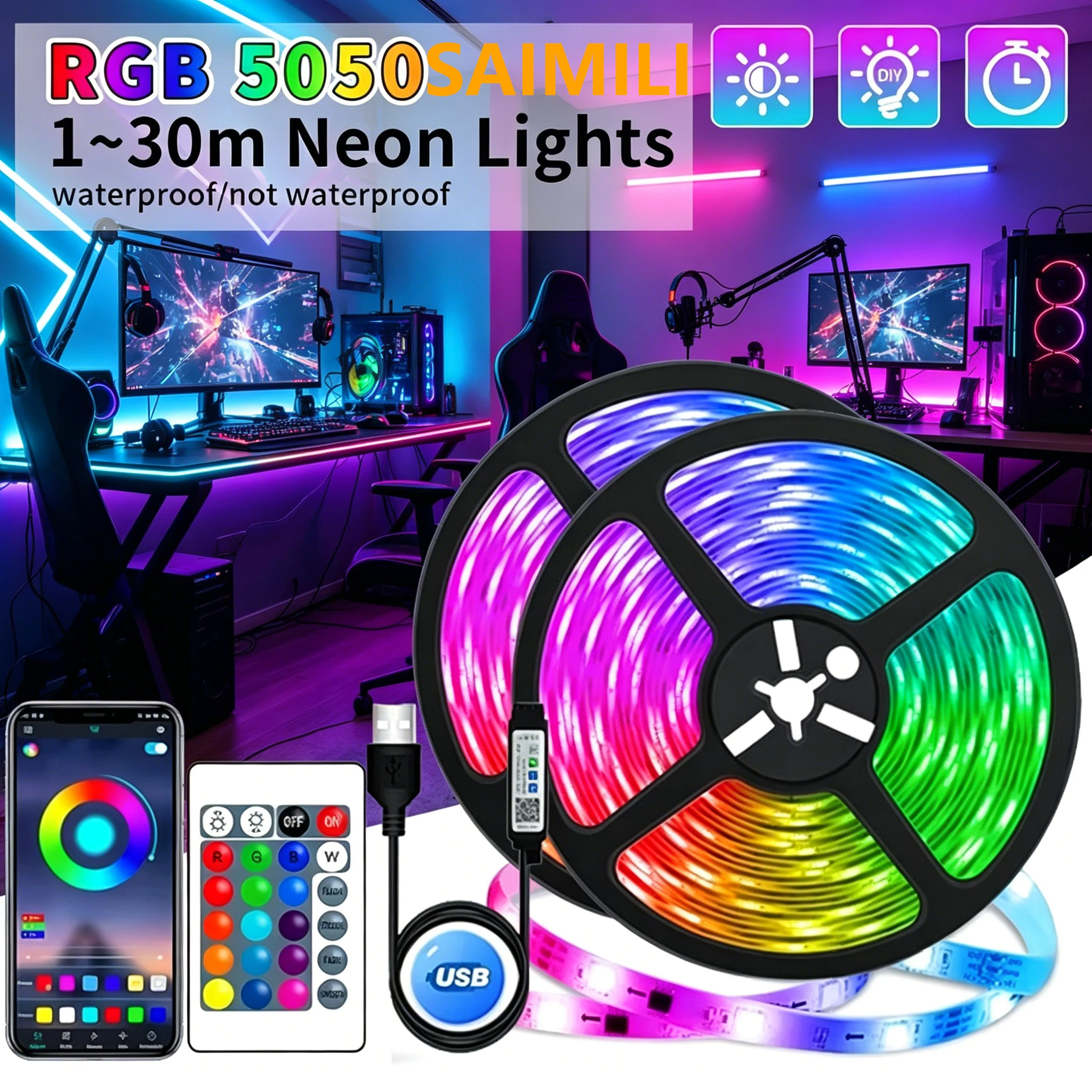Luzes LED USB para Jogos, Fita de Luz LED RGB Flexível, Sincronização de Música para Iluminação de TV, Decoração de Quarto e Festa de Natal