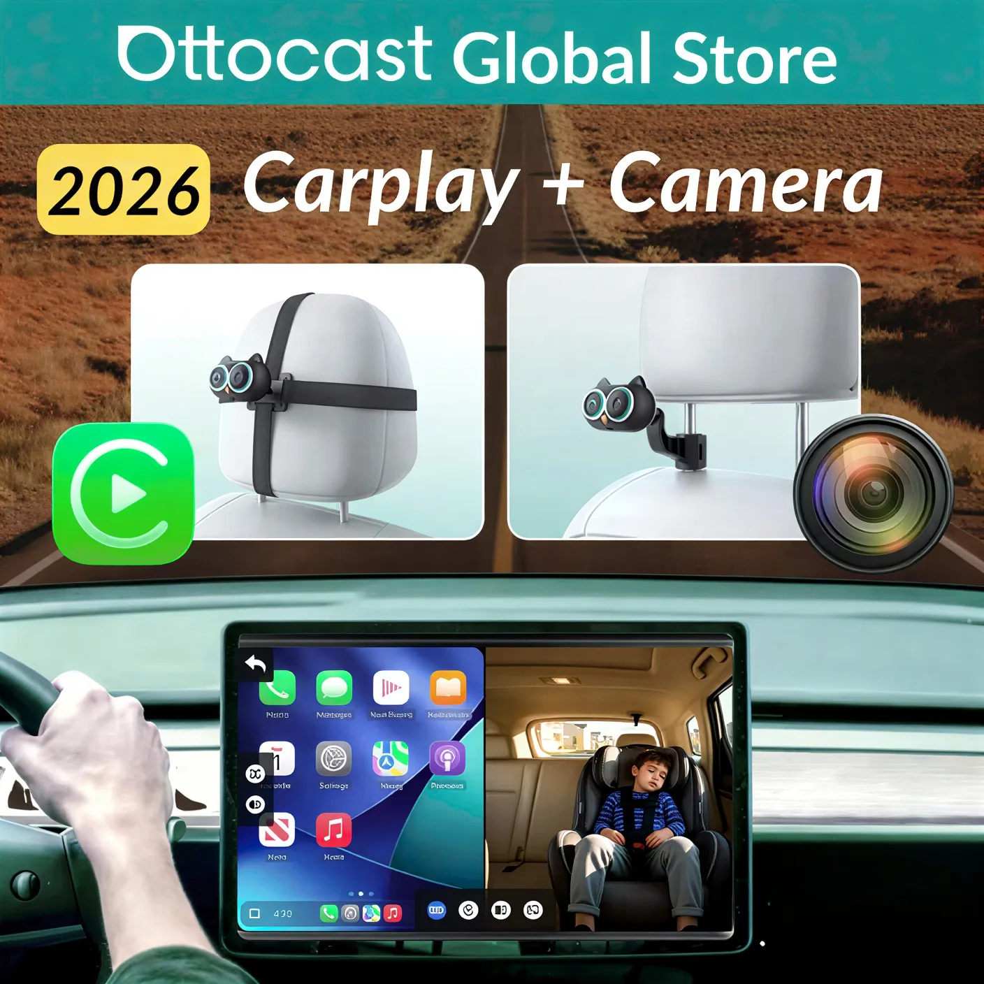 

OTTOCAST Cabin Care Wireless CarPlay Adapter Baby Car Mirror 1080P HD 150° Wide Angle View Night Vision for Benz Toyota 98% Car