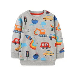 One Piece Autumn Boys Long Sleeved Hoodie Knitted Cotton Casual Cartoon Engineering Car Printed Round Neck Pullover 2-7Y