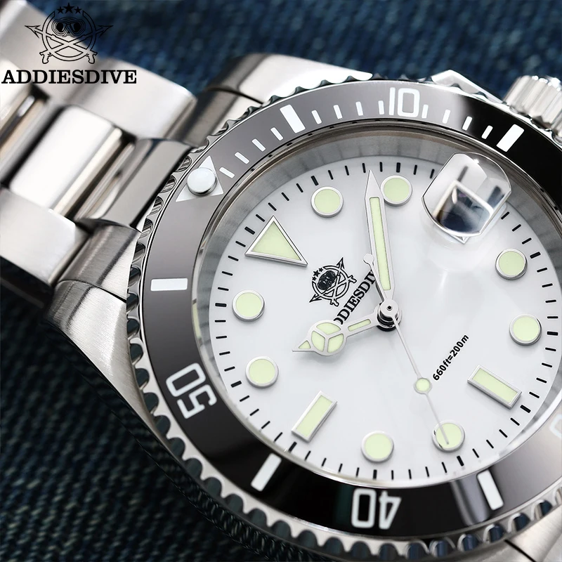 ADDIESDIVE 41mm Men's Quartz Diver Watch 200M Waterproof Super Luminous Wristwatch White Dial Calendar Stainless Steel Watches
