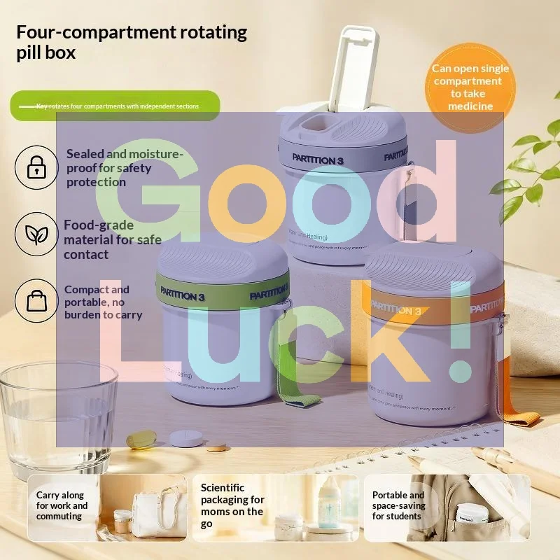 4Grids Rotating Partition Portable Pill Box With Lanyard,Large Capacity Privacy Case For Outdoor Business Trip Daily Supplement