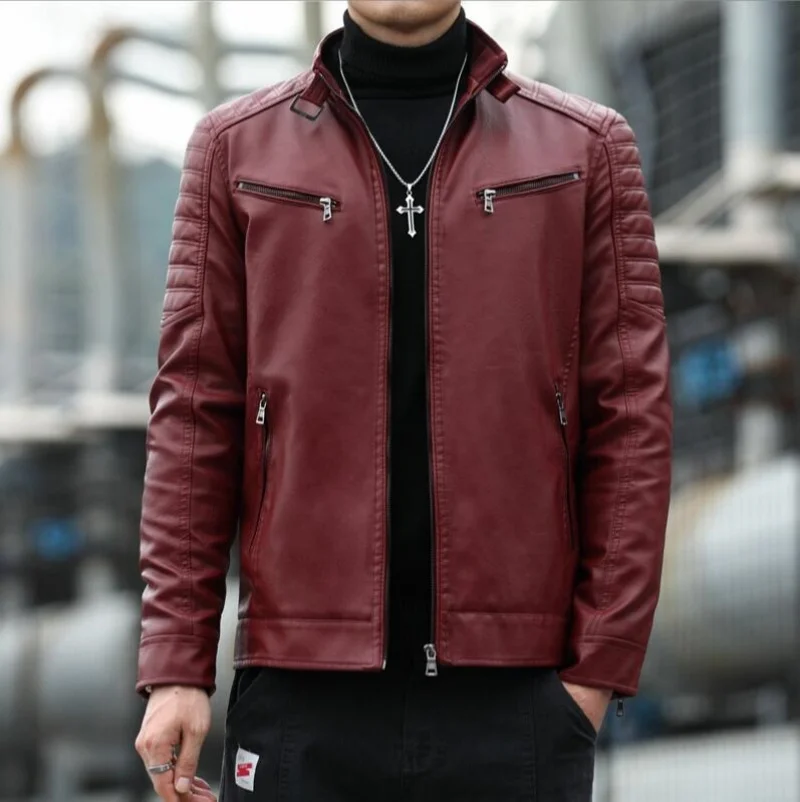 

Stand Collar Casual Handsome Leather Jacket Men's Jacket Trendy Spring New Retro Coat Motorcycle British Style Leather Jacket