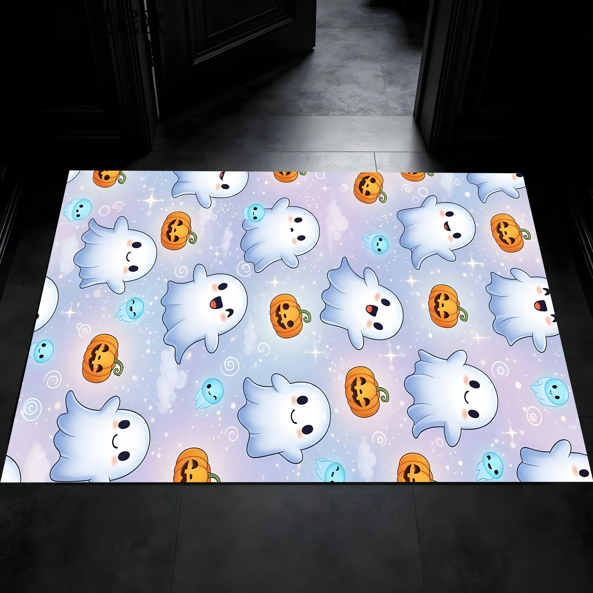 Velvet Q-Version Ghost Pumpkin Cartoon 2D Rug for Living Room and Bedroom, Autumn/Winter Cute