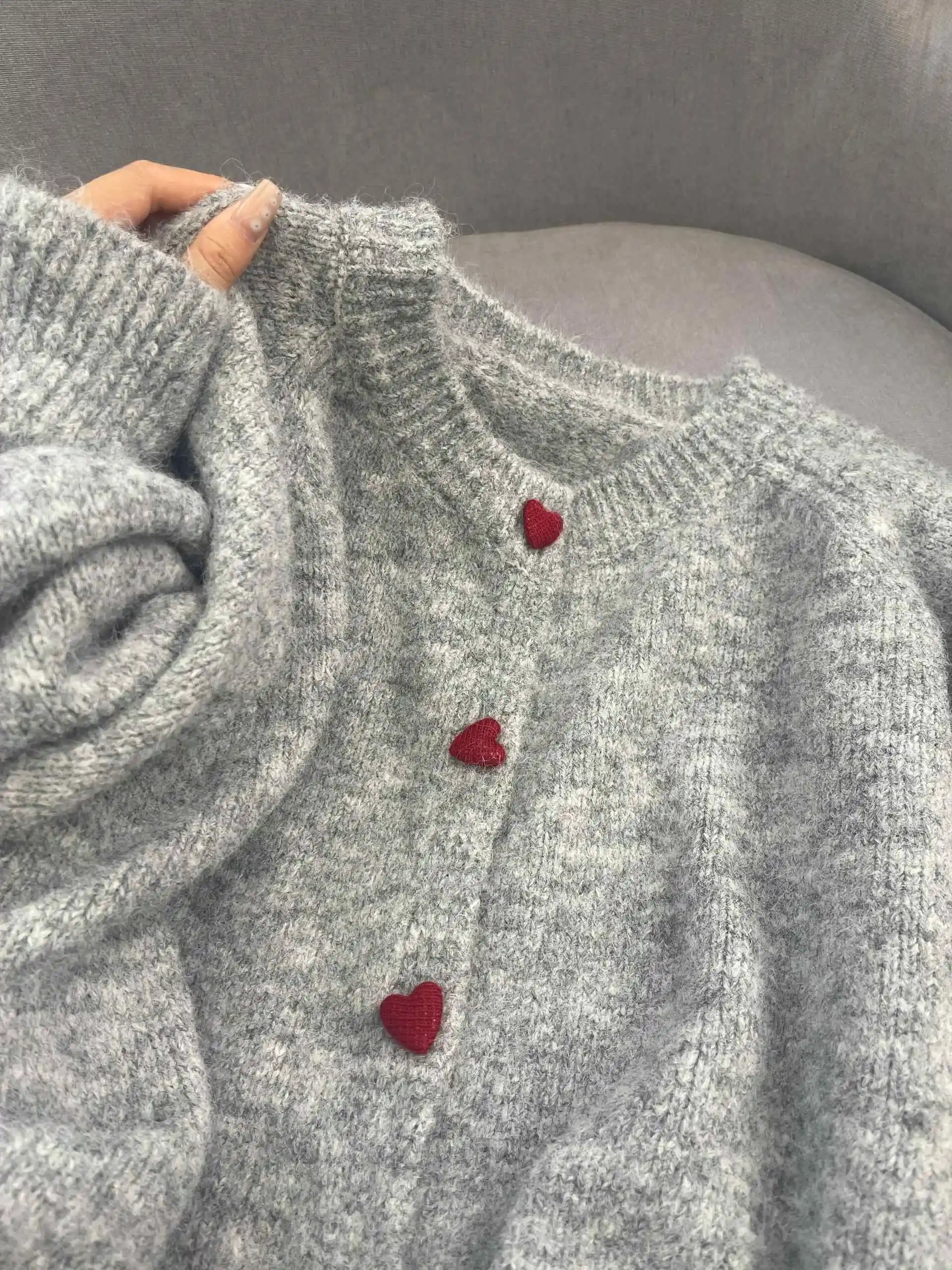 Gray Heart Buttons Women Sweater Coat 2024 Autumn New O-Neck Knitted Cardigan Lady Long Sleeve Soft Knitwear Top