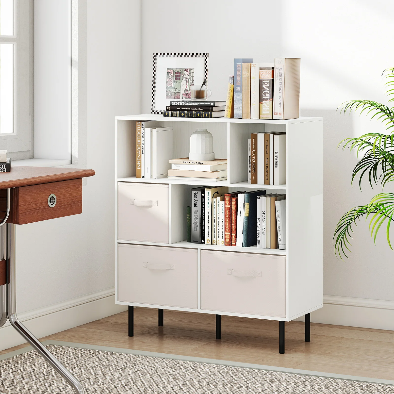 6-Cube Bookshelf w/ 3 Removable Folding Fabric Drawers Metal Legs for Living Room
