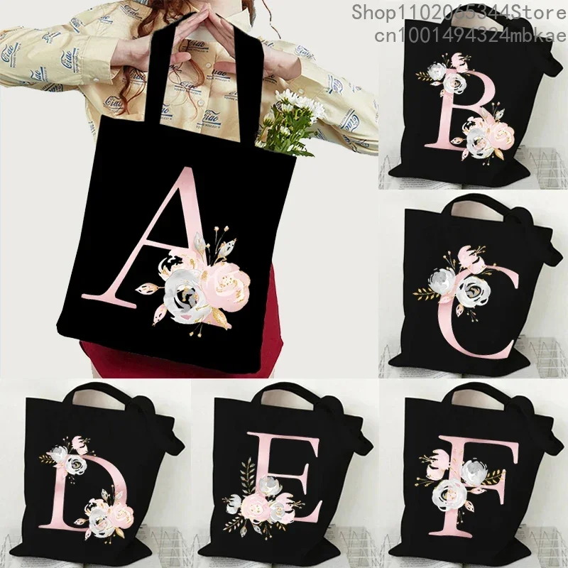 Floral Alphabet A-Z Women Shopping Tote Bags Canvas Large Capacity Student Toiletries Organizers Casual Tote Flower Letter Bags