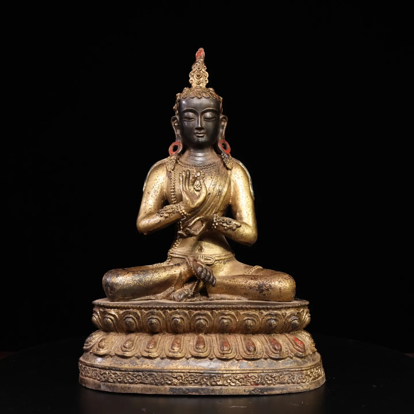Antique Bronze Gold Gilded Vajradhara Buddha Statue Serene Face Fine Craft Heavy Patina Meditation Decor