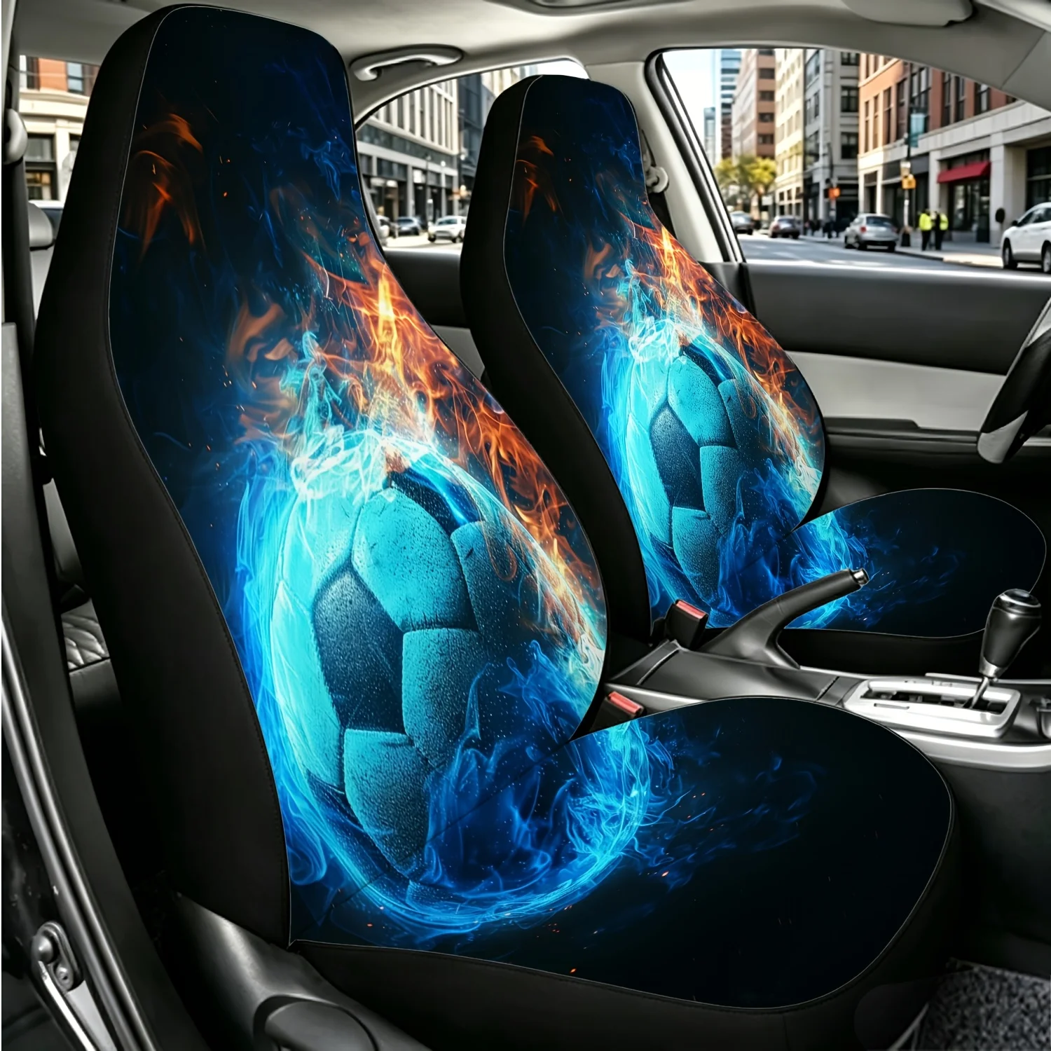 2pcs Blue Flame Orange Fire Ring Football Dynamic Visual Design Car Seat Covers, Universal Size For SUV, Truck, Sedan, Digital P