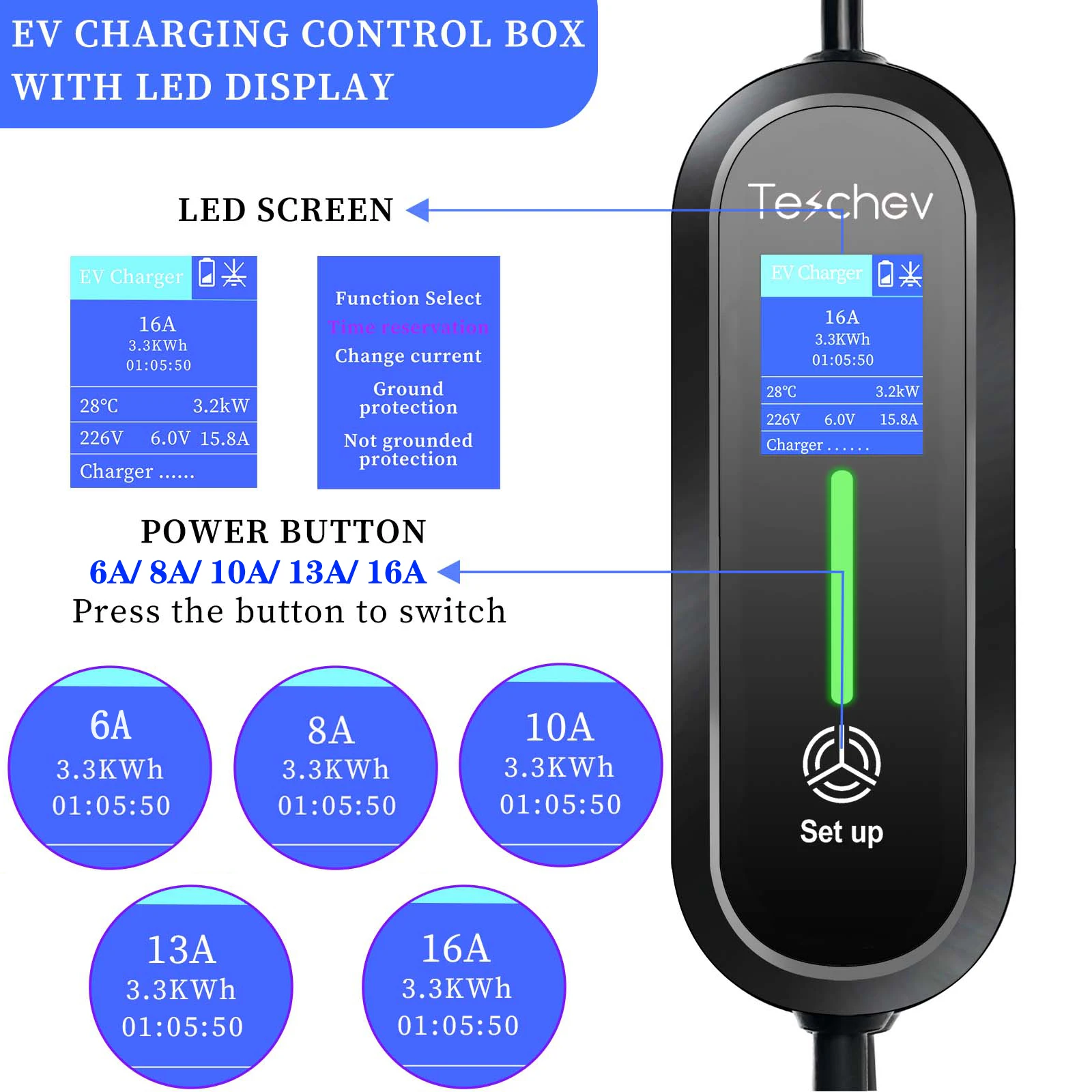 Teschev GBT 차량용 충전기, 16A 휴대용 EV 충전기, 3.5kW 월박스, 220V 전기 자동차 충전 케이블