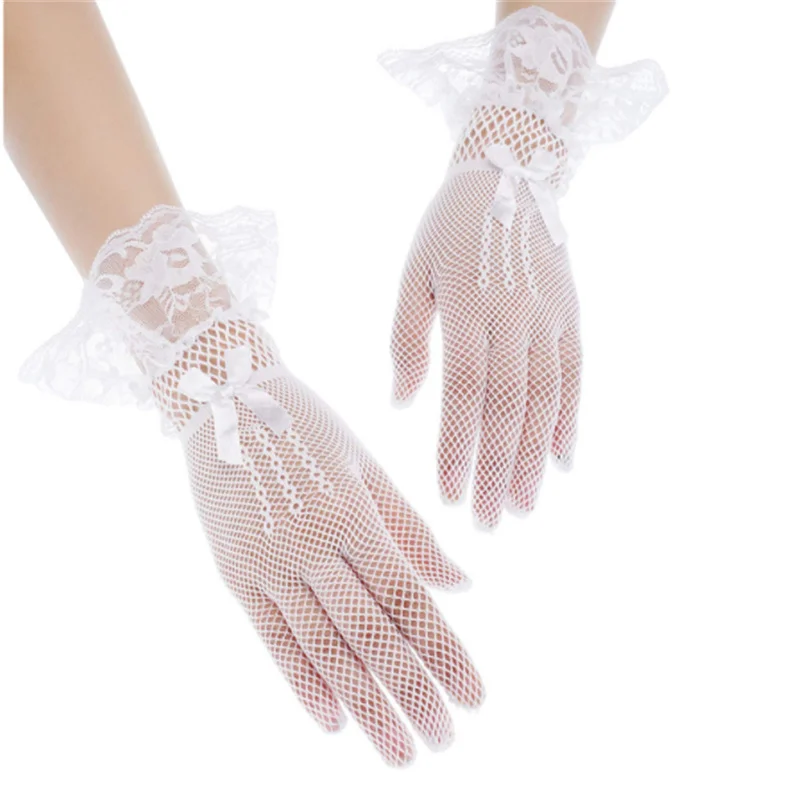 Guantes de malla a prueba de rayos Uv para mujer, manoplas de encaje de dedo completo, moda de verano, blanco y negro