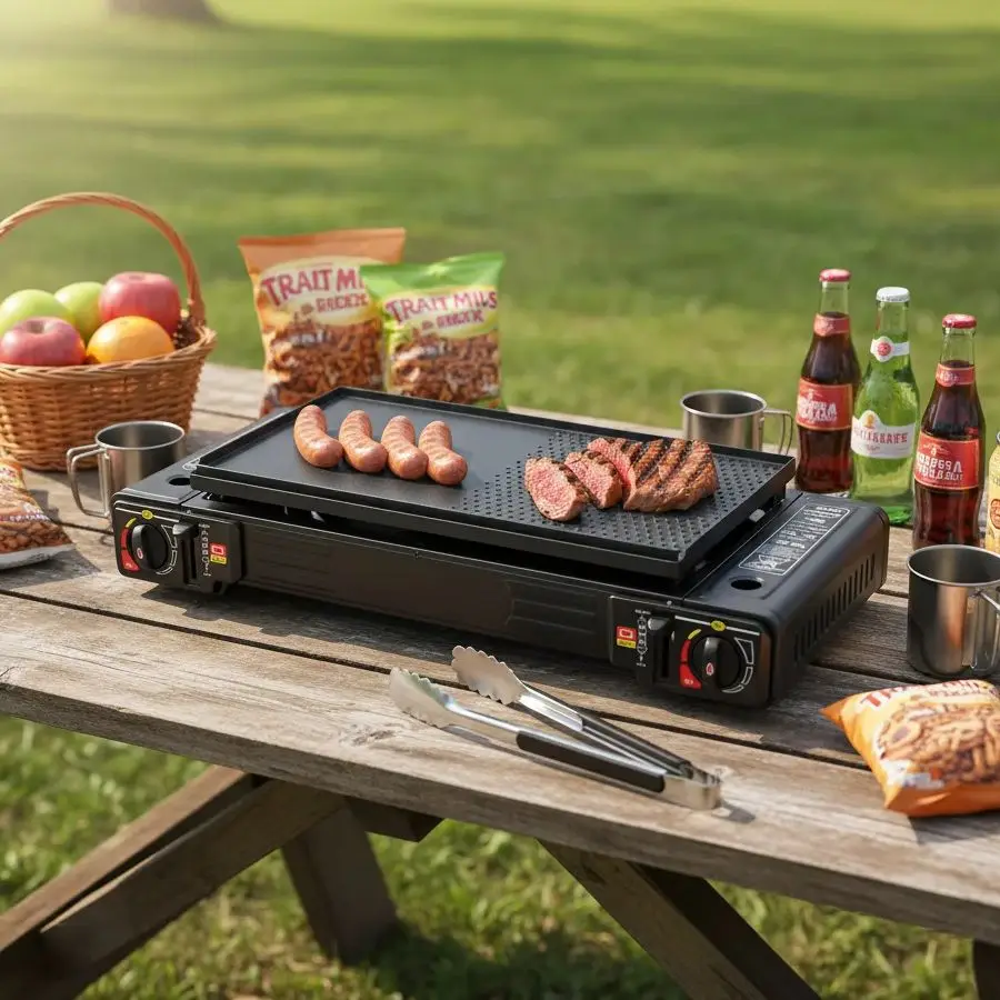 2-Brenner Campingkocher Tragbares Gasherd-Set Picknick Backblech Campinggrill Outdoor-Kochherd mit Tragebrenner LPG