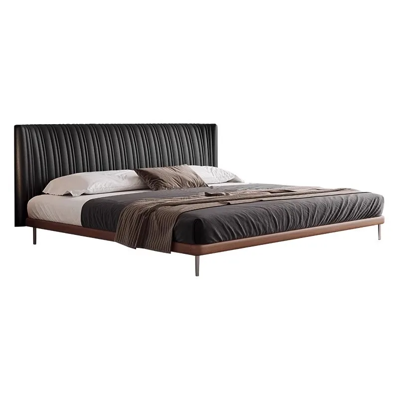 Retro black leather shell bed, master bedroom antique first-layer cowhide double bed, wedding bed