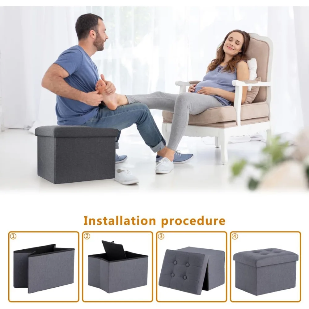 Foldable Storage Ottoman Small Footrest Bench for Living Room 17x13x13 Grey