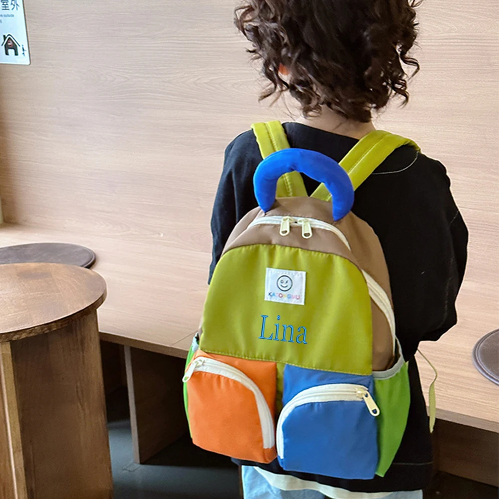 Mochila de jardín de infantes para niños y niñas, mochilas escolares portátiles de algodón con nombre bordado personalizado para estudiantes de