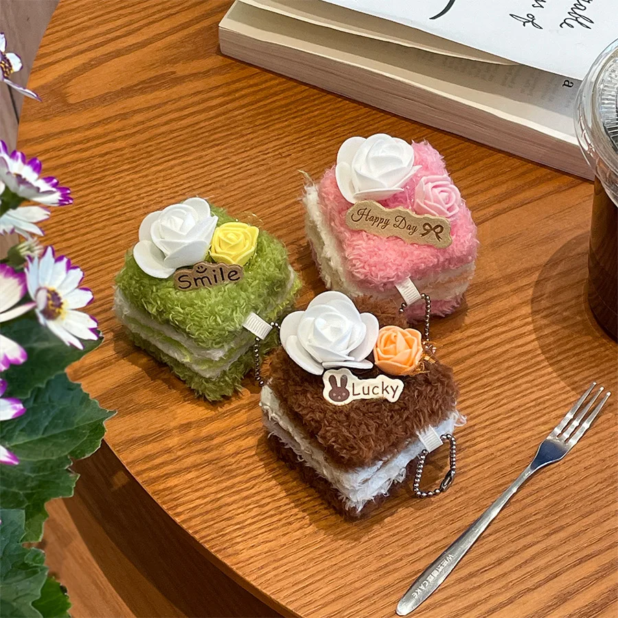 

Japanese Cute Rose Strawberry Chocolate Matcha Cake Plush Pendant Keyring Simulation Cake Plush Stuffed Toy Bag Decor Xmas Gift