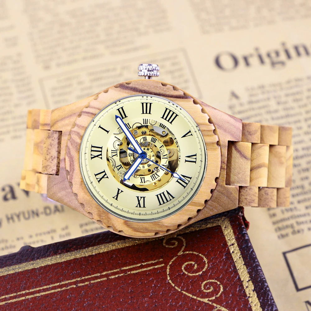 NEW Light Colored Wooden Spiral Design Roman Digital Mechanical Men's Watch Casual Fashion Folding Buckle Wooden Watch