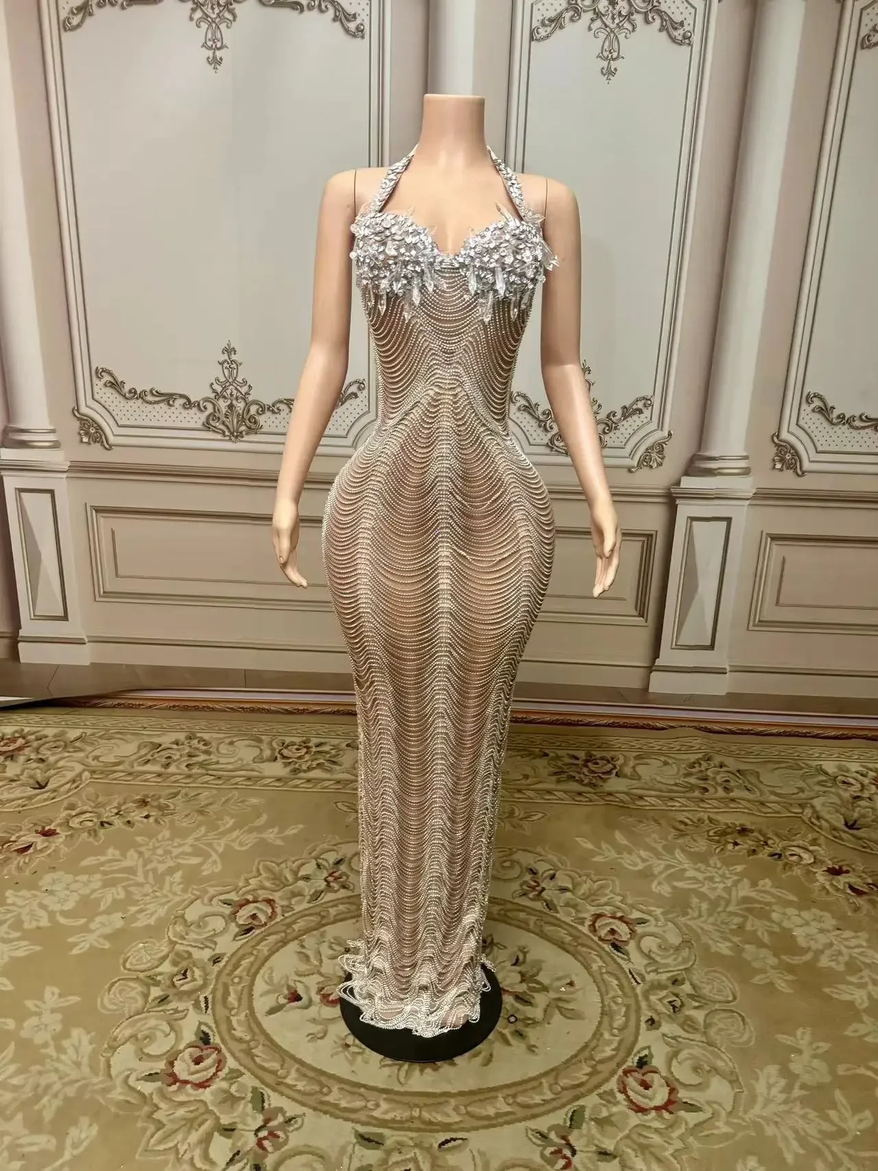 Silver Rhinestone Crystals Chains Transparent Long Dress Evening Birthday Celebrate Dress Sexy Performance plus size