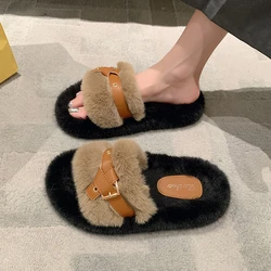 Flock Shoes Woman Fashion Designer Buckle Band Fur Slippers Cozy Mink Fur Slides Homen Shoes Open Toe Platform Furry Pantuflas