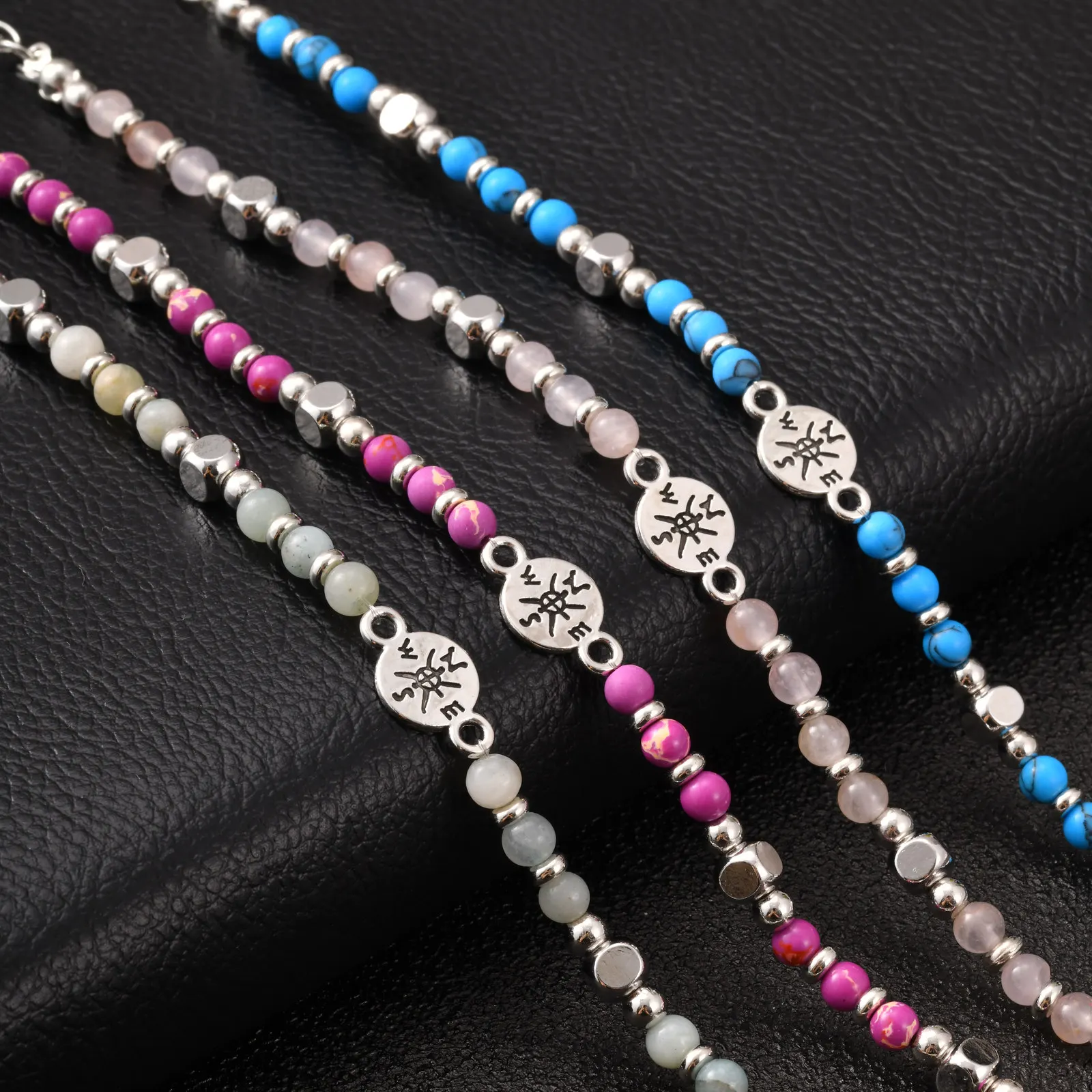 Vnox Compass Beaded Bracelets for Men Women, Turquoise Light Blue Pink Purple Stone Adjustable 19-24cm, Boho Graduation Gift New