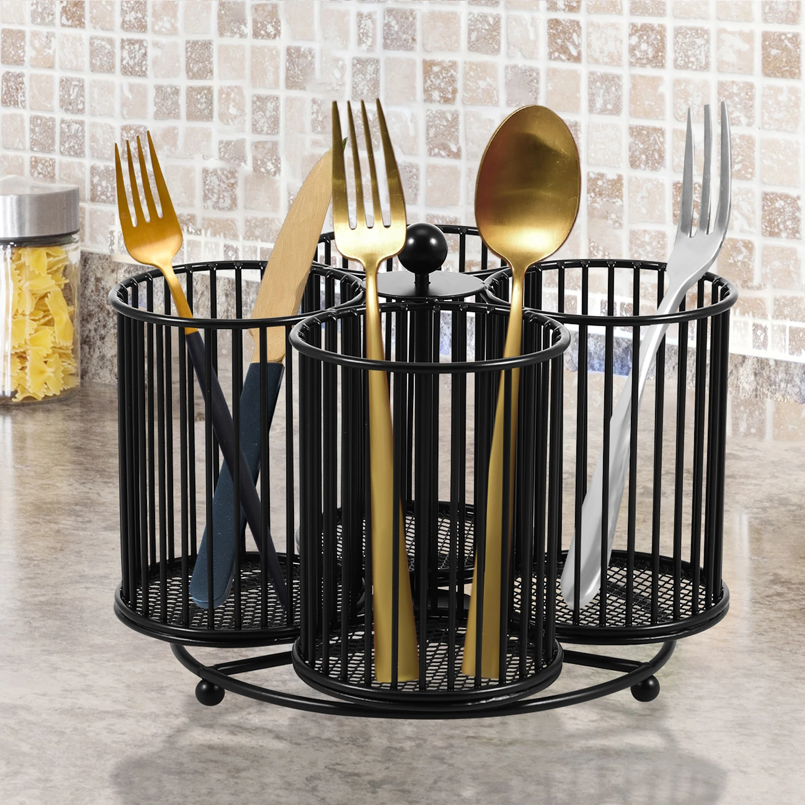 Metal Utensil Caddy 360 Degree Rotating Cutlery Holder 4 Compartment Flatware Storage Basket Portable Multipurpose