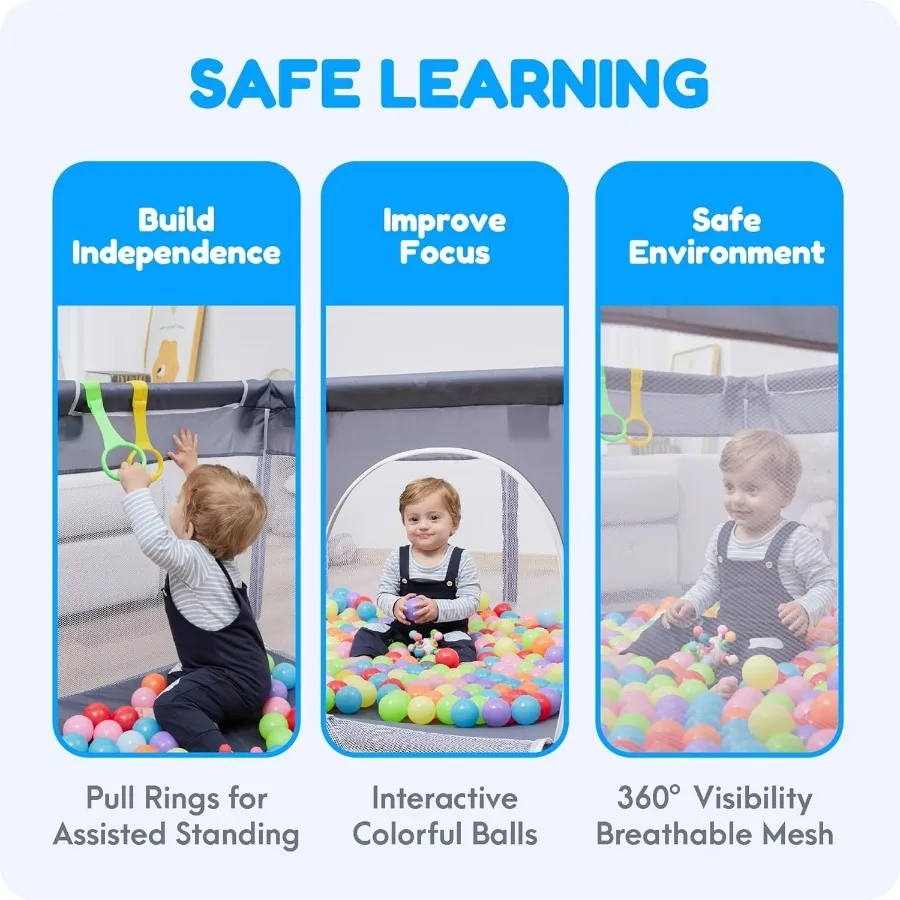 Cercadinho para bebês Orian 50x74 XL tamanho para bebês e crianças tecido de boi caneta para brincar interna e externa com 10 bolas coloridas e 4 puxadores