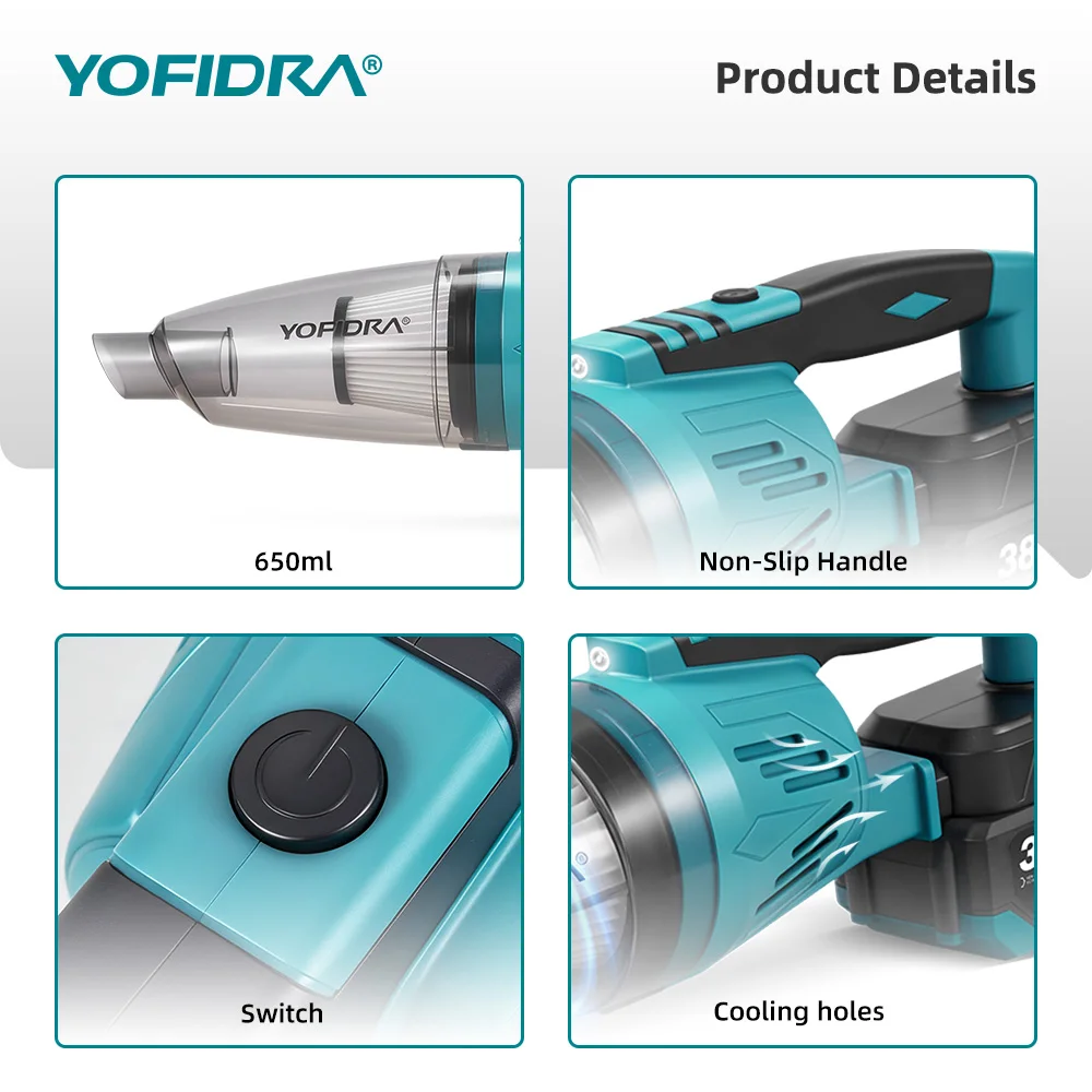 YOFIDRA 4IN1 Elektrischer Staubsauger 12Kpa 1500W Kabelloser Staubsauger Haus Auto Garten Reinigung Elektrowerkzeuge für Makita Akku Pin – Detail 6