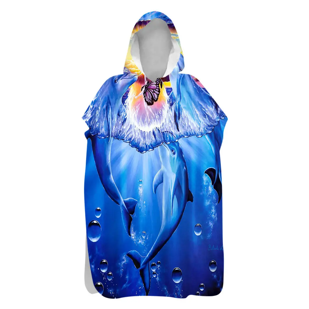 Dolphin Pattern Parent-Child Hooded Bath Towel Robe Cape Seaside Beach Changing Coat Swimming Towel for Kids And Adults