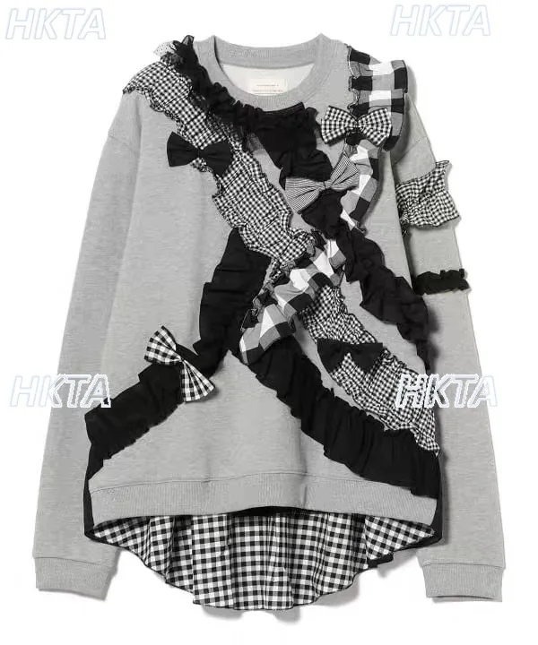 Sudadera holgada de manga larga con cuello redondo y lazo de flores plisado japonés para otoño e invierno, chaqueta para ir al trabajo a la moda, Top para mujer