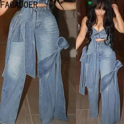 FAGADOER Fashion Spliced Bowknot Denim Pants Women Y2K Streetwear Zip High Waist Loose Jeans Casual Autumn Winter Bottoms New