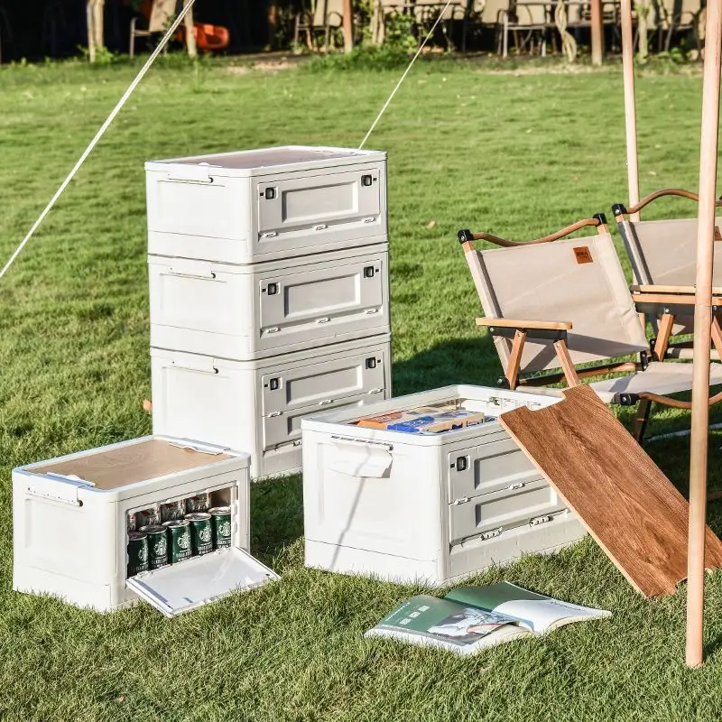 Foldable Outdoor Storage Box Set With Wood Grain Lid, Portable Collapsible Camping Storage Bin, Multi-Function Stackable