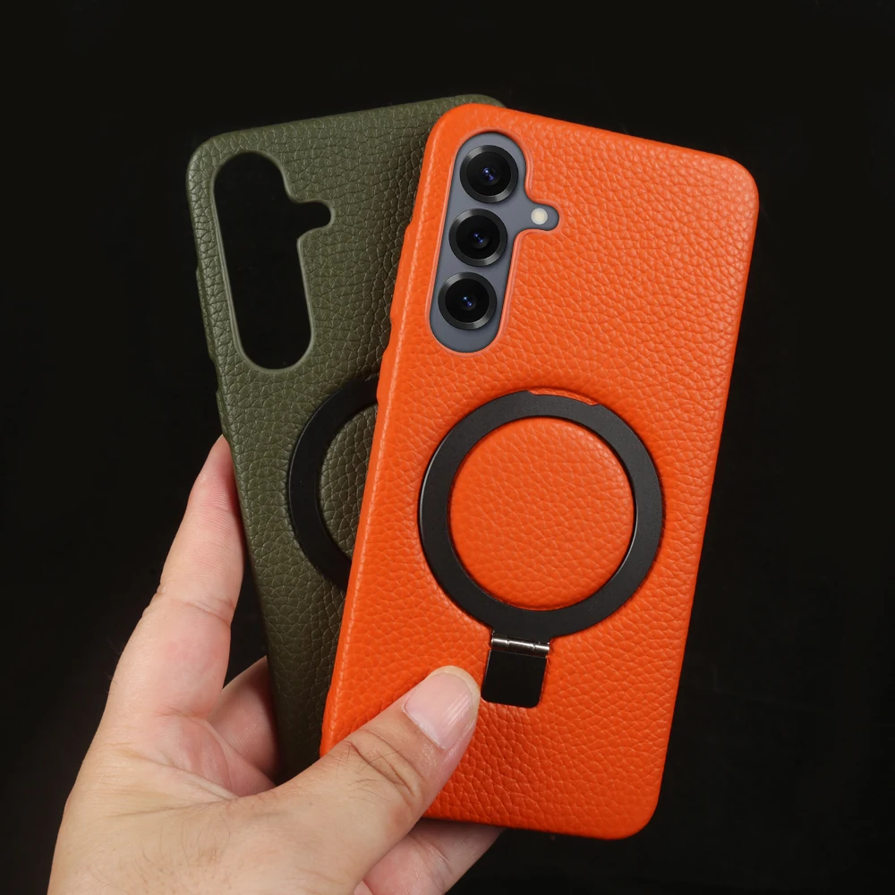 

Magnetic Bracket Ring Genuine Leather Case for Samsung Galaxy S26 Plus S24 FE S25 Edge S23 S22 S26 Ultra for Magsafe Phone Cover