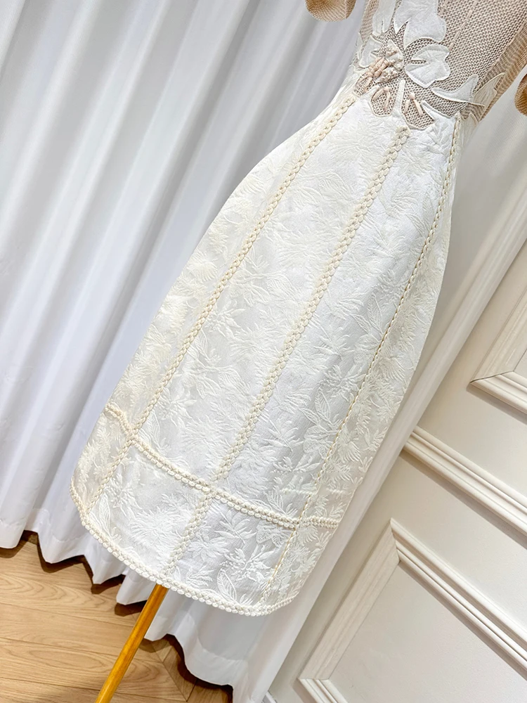DEAT Women\'s Elegant Embroidery Flower Patchwork Dress New Models Short Sleeve Round Collar High Waist Female Dresses 15C397