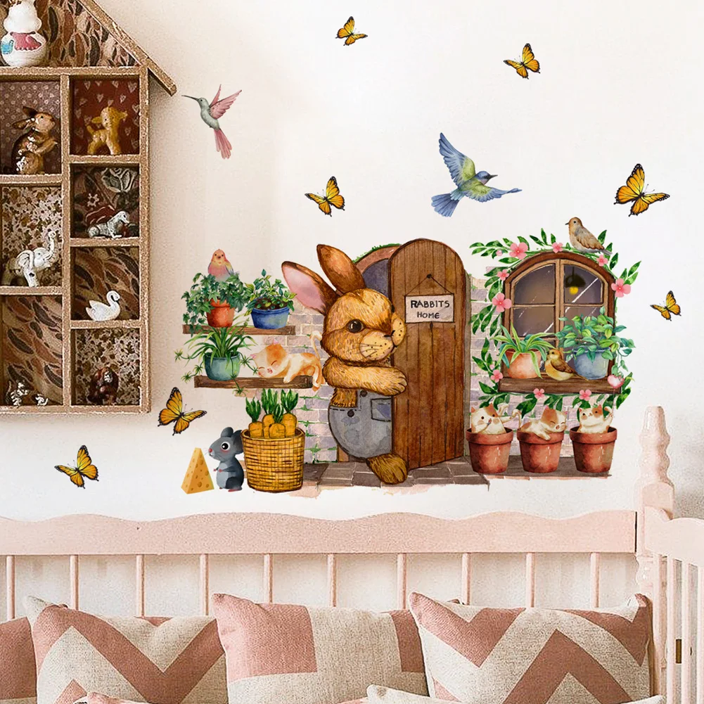 Cartoon Bunny's Garden Wall Stickers Bedroom Kids Room Background Decoration Mural Animals Home Decor Self-adhesive Wallpaper