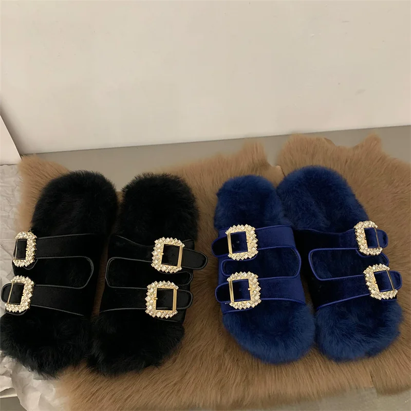 Fashionable And High-end Women\'s Fur Slippers Winter Casual Warmth Mink Fur Slippers High End Rhinestone Lace Up Home Slippers