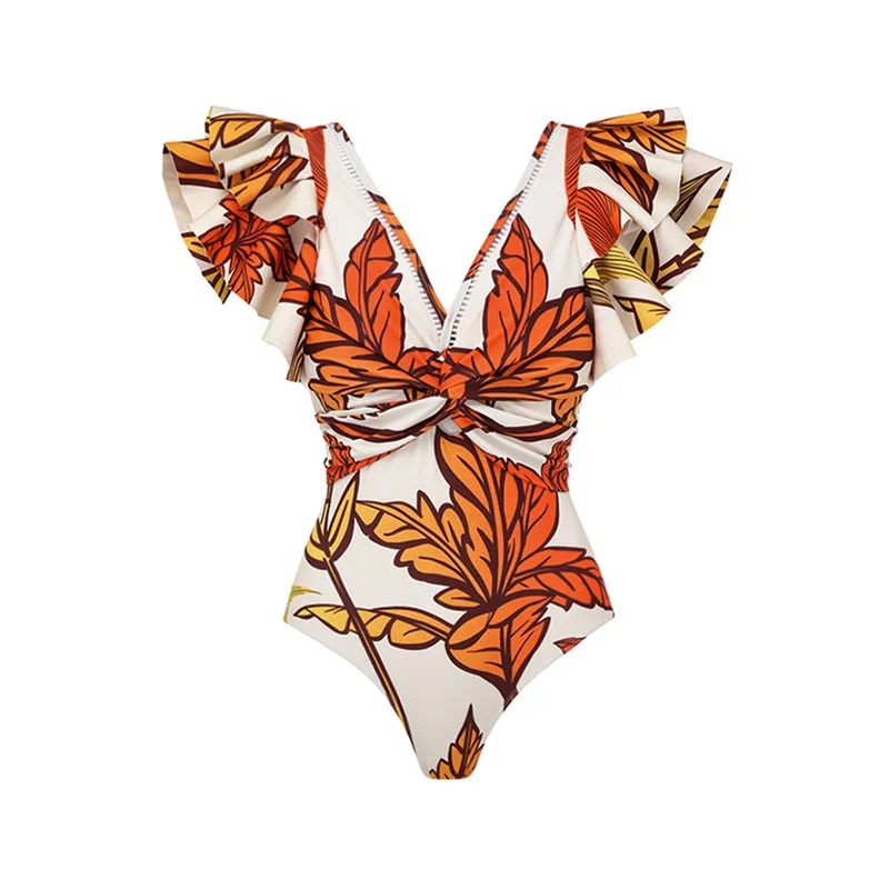 Camada dupla feminina manga plissado maiô, conjunto de vestido swimwear de uma peça, estampa floral com decote em v