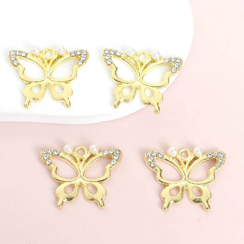 10pcs Exquisite Elegant Hollow Butterfly Charms with Rhinestones&Pearls Versatile Necklace Bracelet Earrings DIY Alloy Pendants